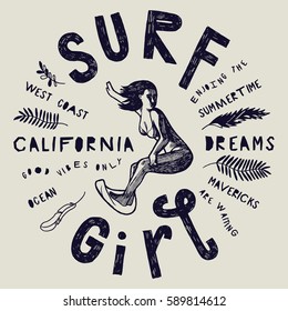 surf girl vintage grunge tropical coast print 