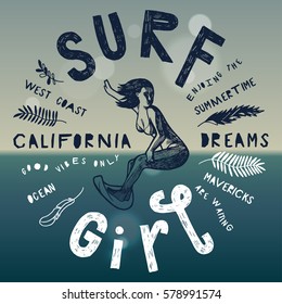 surf girl vintage ocean print 