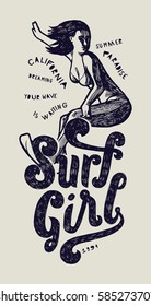 surf girl vintage print with beautiful woman riding a wave.