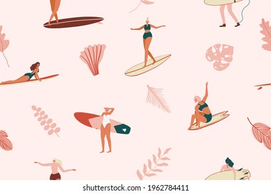 Surf girls character in swimsuit with a shortboard and Longboard. Tropical seamless pattern in vector. Summer design for fabric, wallpaper, packaging paper, backgrounds and decor.