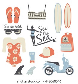 Surf girls objects set in vector. Backpacker object set.