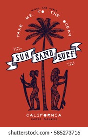 Surf girls and palm-tree - sun sand surf vintage tropical print