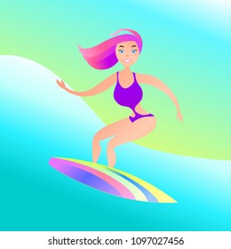 Surf girl.Vector illustration.Surf club icon.  Surf school banner with young girl. Tourism, active rest

