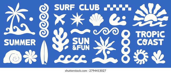 Surf graphic set with tropical coast icons,waves,sun,palm trees,seashells,surfboard,organic nature shapes and forms.Summer beach elements for print design templates,branding,packaging,stickers