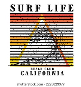 Surf Graphics Surf Life Beach Club California Typography Gradient Beach waves Stripes art Graphic Design vector t shirt print