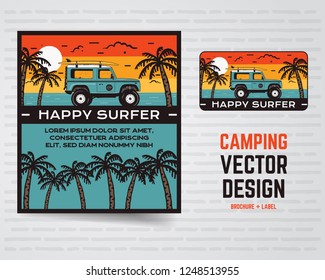 Surf graphics poster and logo. Happy surfer sign. Surfing design for patch, t-shirt, prints. Stock vector illustration isolated on white background.