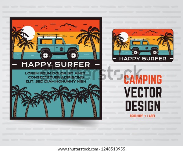 Surf graphics poster and logo. Happy surfer\
sign. Surfing design for patch, t-shirt, prints. Stock vector\
illustration isolated on white\
background.