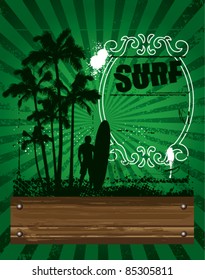 surf green poster with wood banner