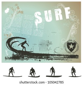 surf grunge background with big wave and rider