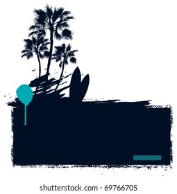 surf grunge banner with palms and table