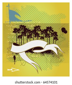 surf grunge banner with palms and wave