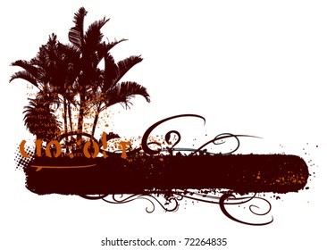 surf grunge banner with palms and waves