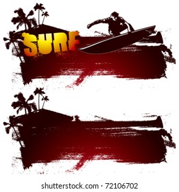 surf grunge banner with text palms and surfer