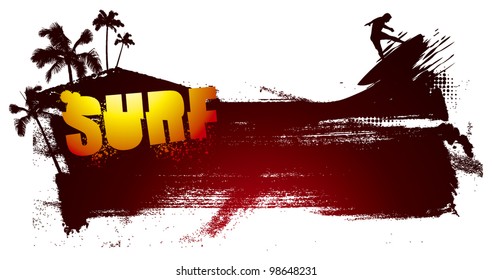 surf grunge banner with text palms and surfer
