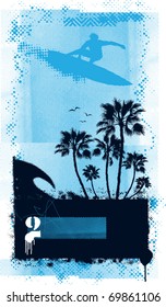 surf grunge poster with surfer palms and summer elements