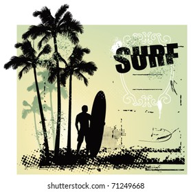 surf grunge scene with surfer and gradient background