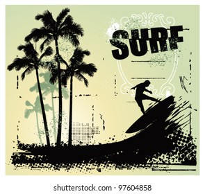 surf grunge scene with surfer jumping and gradient background