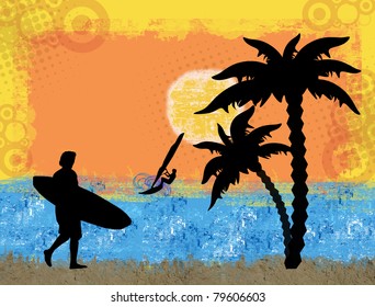 Surf grunge scene with surfer and windsurfer background, vector illustration