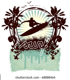 surf grunge shield with surfer in acrobatic jump