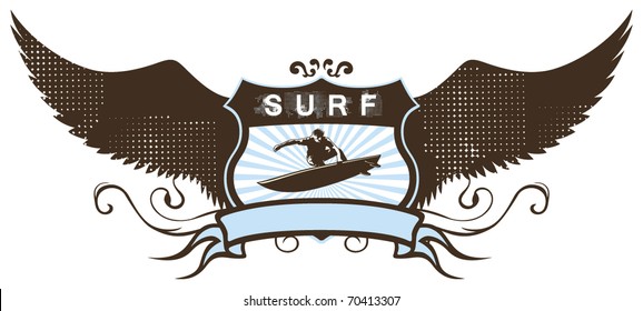 surf grunge shield with surfer and wings