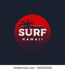 Surf Hawaii t-shirt and apparel design with palm tree and halftoned sun, vector illustration, typography, print, logo, poster.