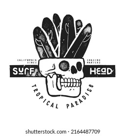 Surf Head. Skull full of surfboards. Distressed silkscreen surfing vintage t-shirt print