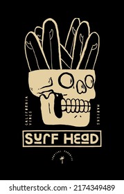 Surf head. Skull full of surfboards vintage typography silkscreen t-shirt print vector illustration.