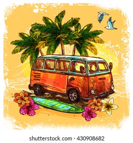 Surf Or Hippy Style Vintage Old Bus With Surfboard Flowers And Palm Sketch Color Concept Vector Illustration