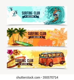 Surf horizontal banner set with sketch water sport elements isolated vector illustration