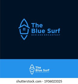 Hotellogo an der Strandpromenade. Surf House Cabin Cottage Resort Hotel Summer Real Estate Inn. Restaurant am Meer. Design-Vektorgrafik für Travel-Logo