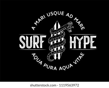 Surf Hype white on black background it's a vector illustration about the addictive passion for surfing