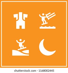 surf icon. 4 surf vector set. half moon, surfing, wetsuit and kitesurf icons for web and design about surf theme