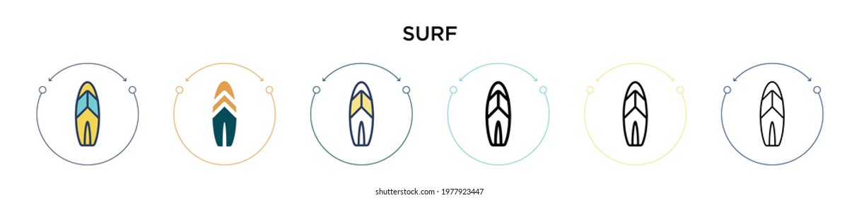 Surf icon in filled, thin line, outline and stroke style. Vector illustration of two colored and black surf vector icons designs can be used for mobile, ui, web