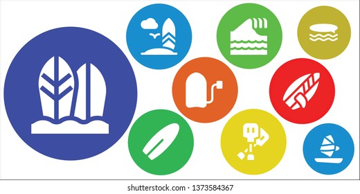 surf icon set. 9 filled surf icons.  Simple modern icons about  - Surfboard, Tsunami, Paddles, Surf, Windsurf