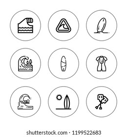 Surf icon set. collection of 9 outline surf icons with bodyboard, paddles, surf, surfboard, tsunami icons. editable icons.