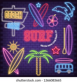 Surf Icons in Neon Style. Glowing Signs for Surfing Club, Shop or Surf Point. Fluorescent Surfboards with Different Designs, Palm, Van, Dolphins on Brick Wall Background. Vector Illustration.