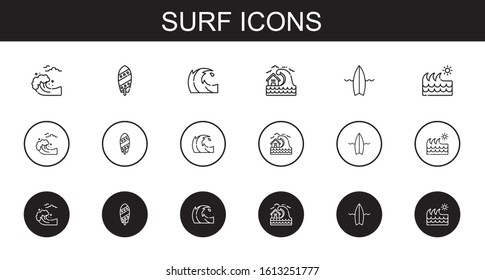 surf icons set. Collection of surf with tsunami, surfboard, wave. Editable and scalable surf icons.