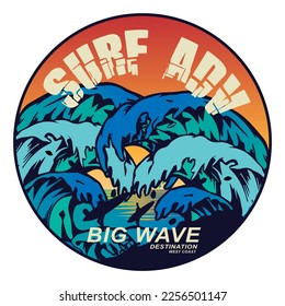 surf illustration with big wave vector design