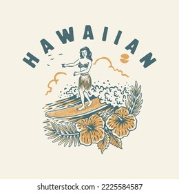 ilustración surf hula graphic beach aloha design tropical vintage