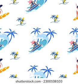 Surf illustration pattern. Tropical beach vibe.Vector about Summer pattern with Surf ,coconut tree .Summer Surf Seamless Pattern.Design for fabric print,Cover book,Kids