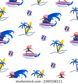 Surf illustration pattern. Tropical beach vibe.Vector about Summer pattern with Surf ,Palm ,coconut tree ,ball .Summer Seamless Pattern