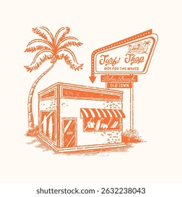 surf illustration shop graphic beach design tropical badge palm vintage summer