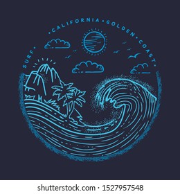 Surf illustration. tee shirt graphics, vectors. California golden coast typography.