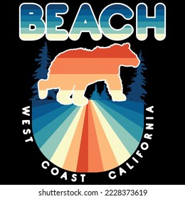 Surf illustration with text Beach and bear walking and text West Coast California. t-shirt design.