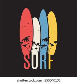 Surf illustration typography. Vector graphics of t-shirts.