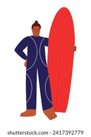 Surf instructor or an athlete, holding a surfboard, wearing a full body one piece swimsuit. Hand drawn vector illustration in flat design