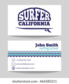 Surf instructor business card both sides template. Surfing school vector illustration