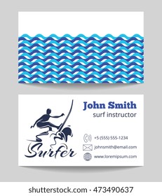 Surf instructor business card both sides template. Company surfing business. Vector illustration
