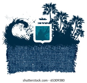 surf jean banner with shield wave and palm trees