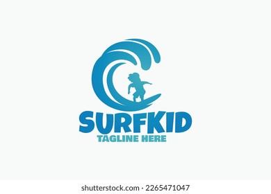 surf kid logo with a boy surfing on beautiful waves for any business especially for surfing store, surf learning, club, team, etc.